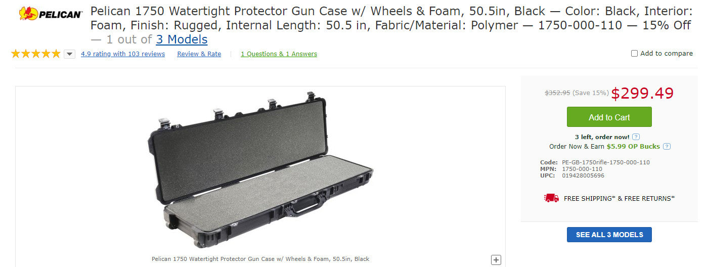 Pelican 1750 Watertight Protector Gun Case w/ Wheels & Foam, 50.5in, Black (6813367795895)