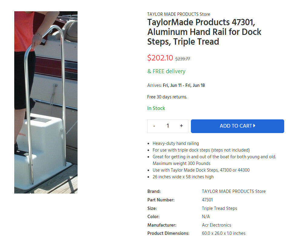 TaylorMade Products 47301, Aluminum Hand Rail for Dock Steps, Triple Tread (6810350420151)