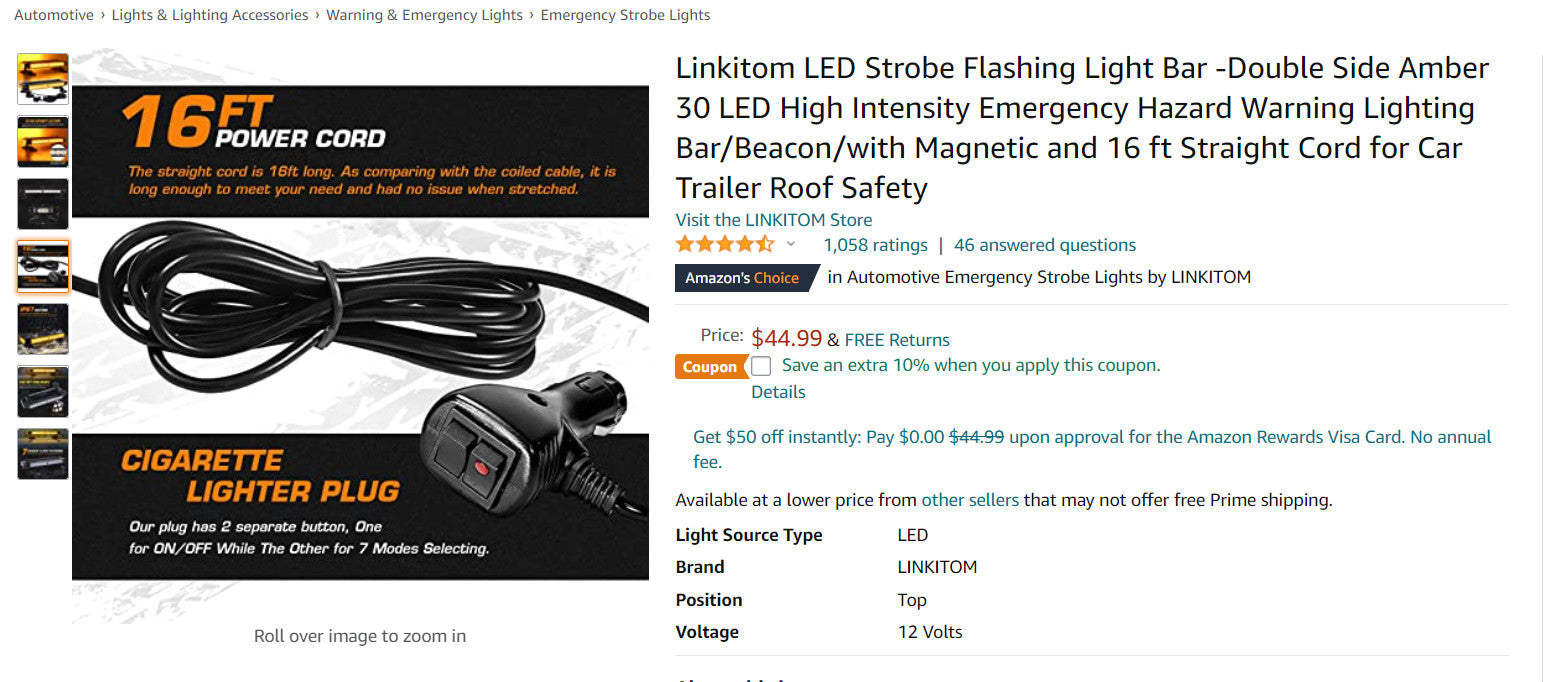 Linkitom LED Strobe Flashing Light Bar -Double Side Amber 30 LED High Intensity Emergency Hazard Warning Lighting Bar/Beacon/with Magnetic and 16 ft Straight Cord for Car Trailer Roof Safety (6808400691383)