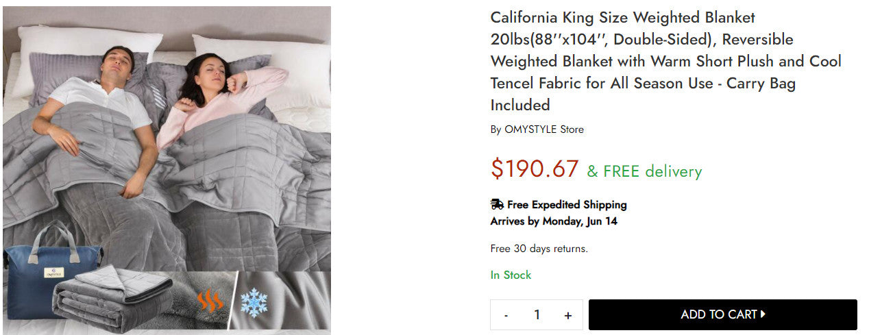 OmyStyle- California King Size Weighted Blanket 20lbs (88 Inches x 104 Inches, Double Sided), Reversible Weighted Blanket, Gray (6811527839927)