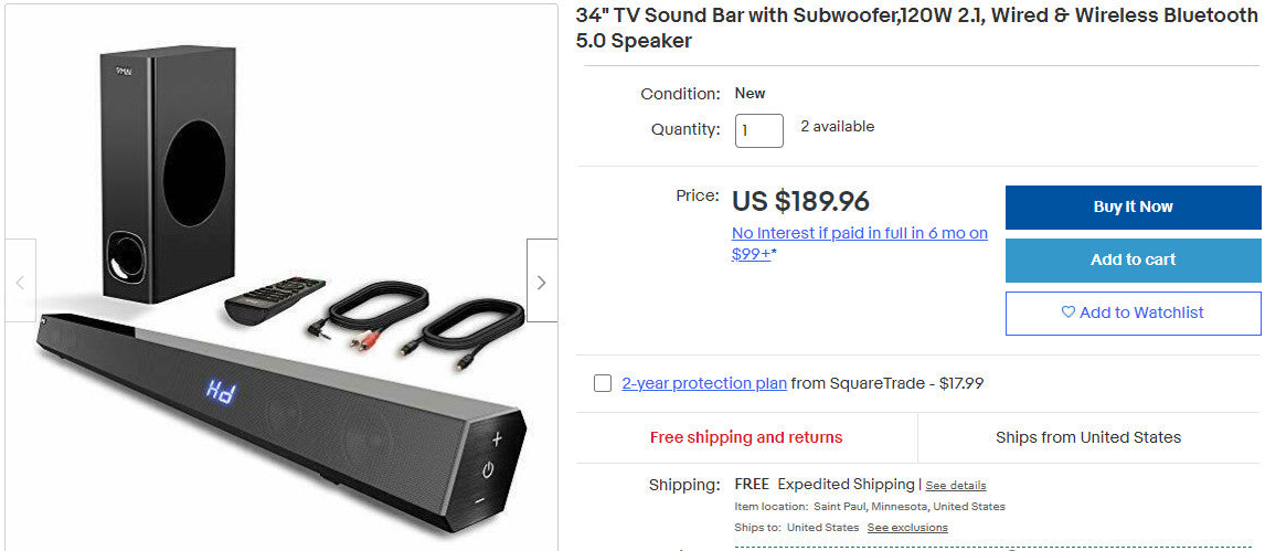 TV Sound Bar with Subwoofer,120W 2.1, Wired & Wireless Bluetooth 5.0 Speaker (6813369008311)